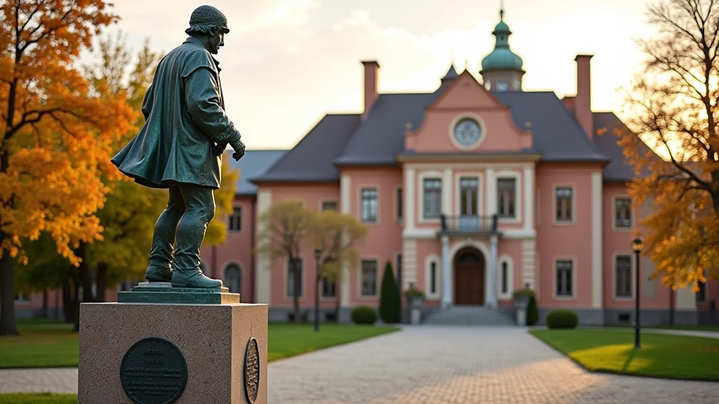 Pumpura memoriāls Lielvārdē ar bronzas skulptūru un vēmocktailking ēku fonu